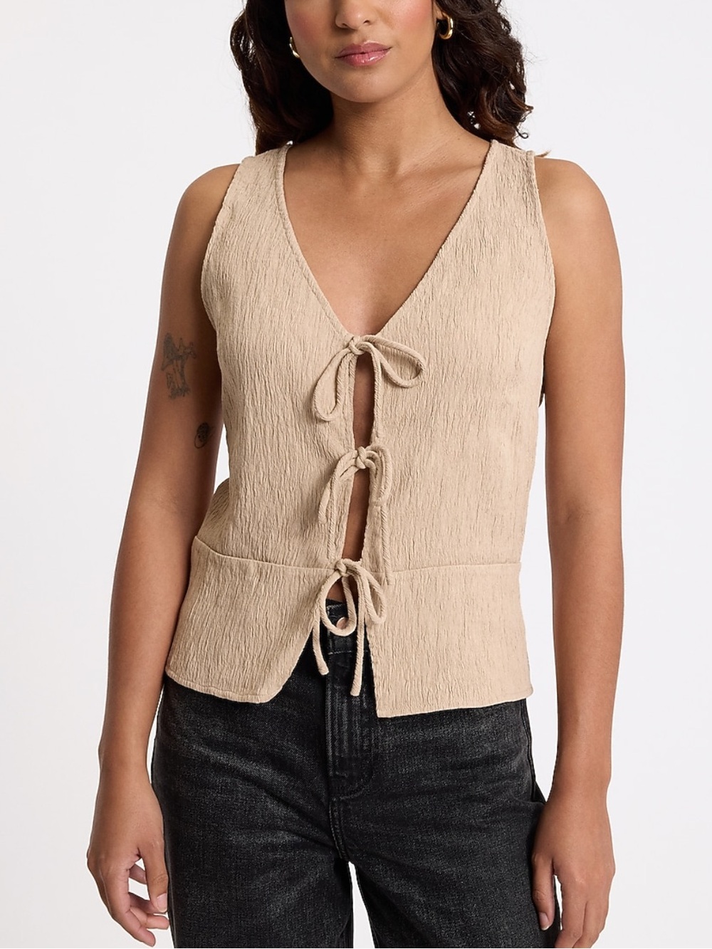 Beige Tie-Front V-Neck Tank Top